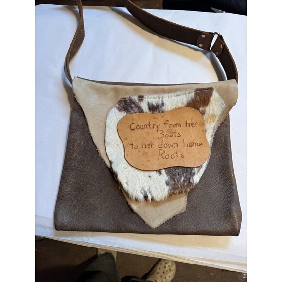 Leather & Cowhide Shoulder Bag With Rustic Country Engraving On Flap For Western - Picture 3 of 16